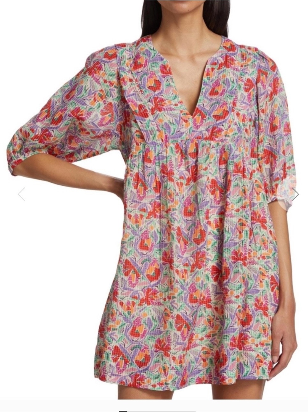 ba&sh Aleo Floral Mini Dress XS Oversized Babydoll Split Neck Puff Sleeve